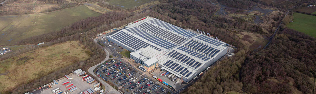 Solar panels on the rooftop of the UK's 4th largest roof mounted solar PV installation at Lyreco in Telford
