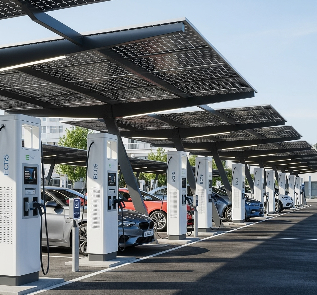 Alt text: Solar canopy car park with multiple EV charging stations and electric vehicles plugged in for charging.