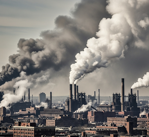Industrial area emitting smoke showing urban carbon footprint impact