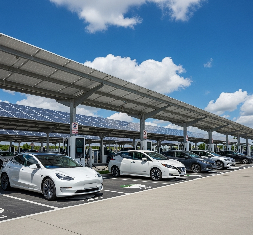 Row of electric vehicles parked under a large solar carport structure equipped with EV charging stations, set against a bright blue sky with scattered clouds.