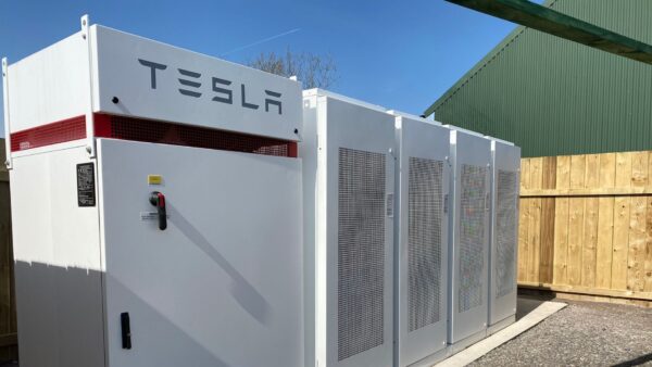 solar battery storage tesla megapack outside sunny