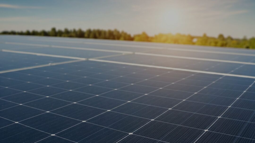 Close-up view of solar panels with sunlight in the background.