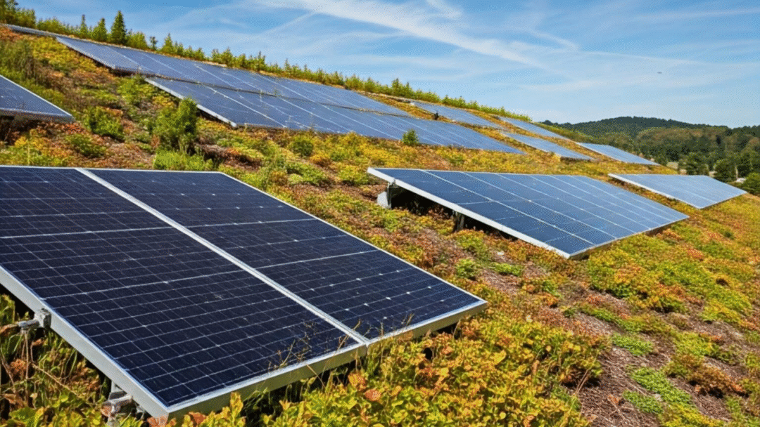 Solar panels mounted on a sloped green roof covered with vegetation and surrounded by a natural landscape.