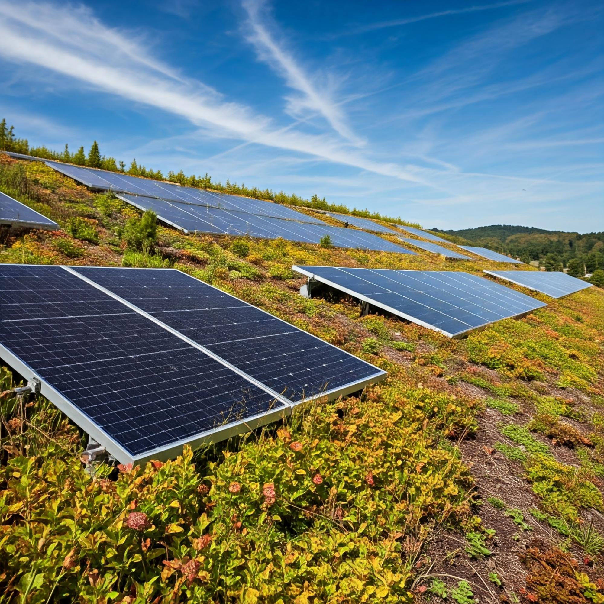 Solar panels integrated into a green roof, showcasing sustainable energy solutions with biosolar technology.