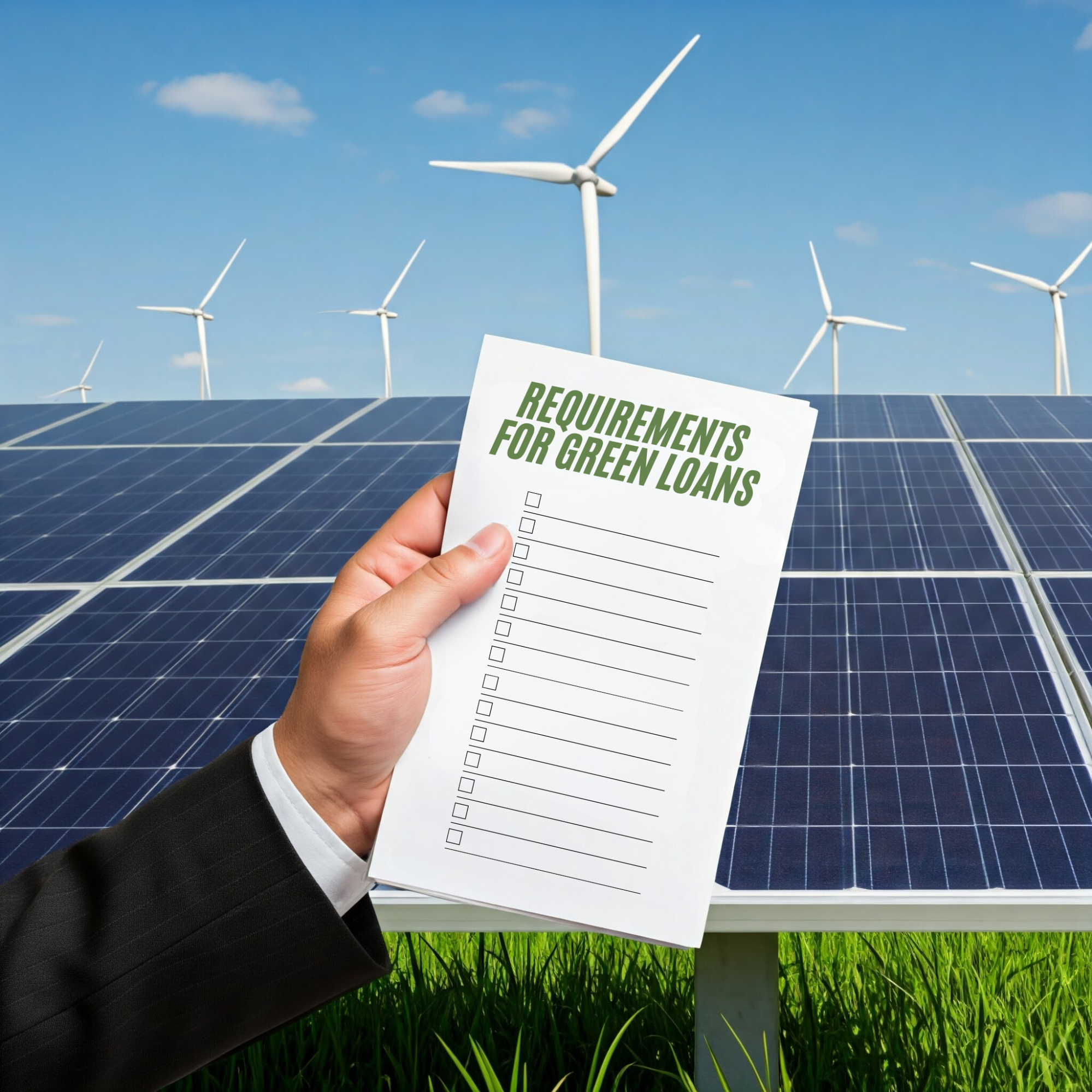 Visual representation of the requirements for obtaining green loans specifically for solar energy investments and renewable projects.