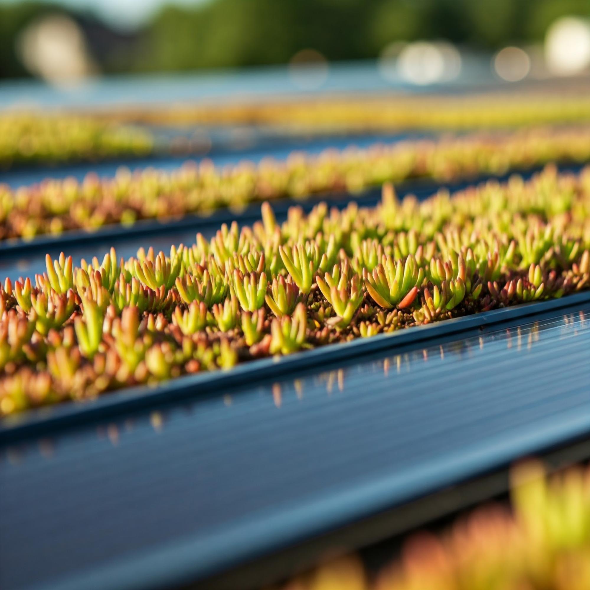 Close-up of rooftop plants flourishing alongside biosolar panels, showcasing a blend of nature and renewable energy.