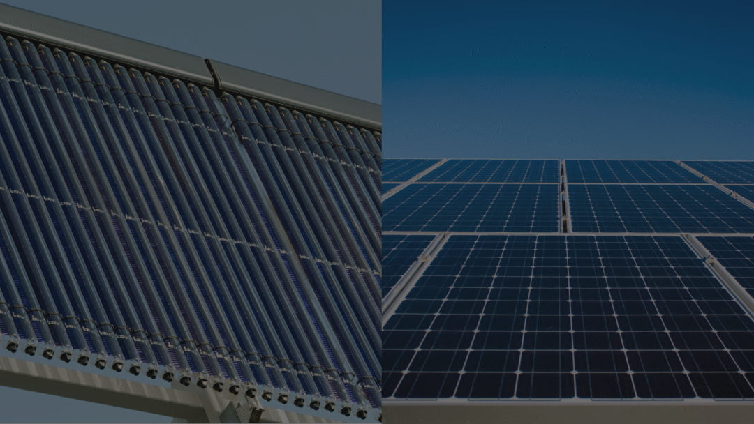 Split-screen close-up showing rows of blue evacuated tube solar thermal collectors on the left and flat photovoltaic solar panels under a clear blue sky on the right.