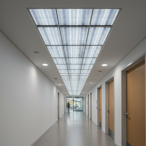 A spacious hallway with a skylight above, incorporating transparent solar panels for sustainable lighting and energy use.