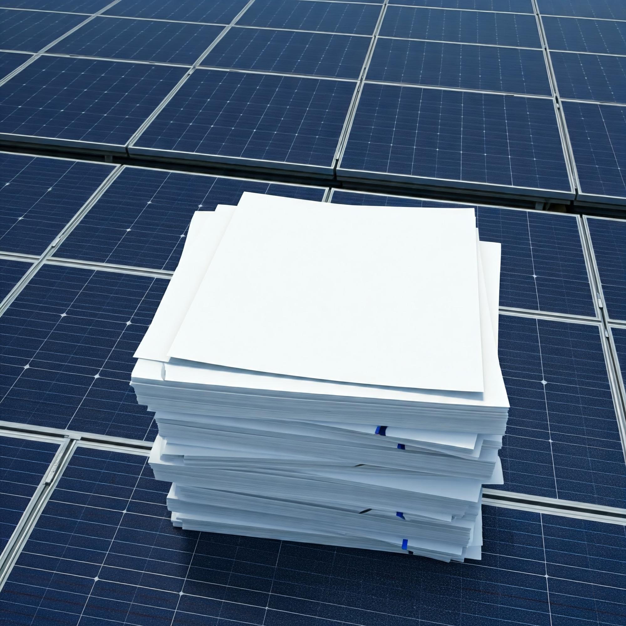 A stack of papers rests on solar panels, symbolizing regulations for solar panel installation in conservation areas