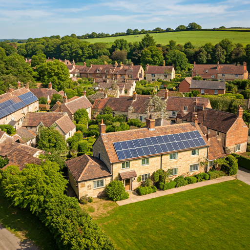 A large grassy field integrated with solar panels, promoting eco-friendly energy solutions in a conservation area
