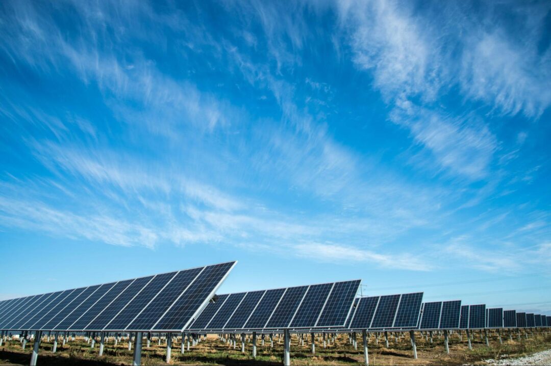 Rows of ground-mounted solar panels under a bright blue sky.