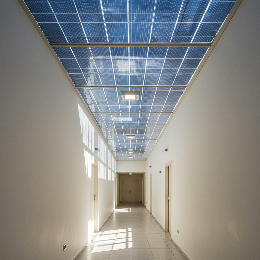A long hallway featuring a transparent solar panel integrated into the ceiling, illuminating the space with natural light.