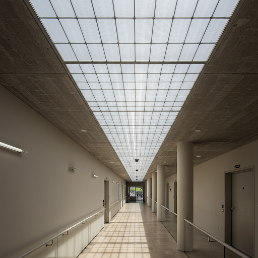 Bright hallway with skylights and a ceiling, showcasing the glow of natural light filtered through transparent solar panels.