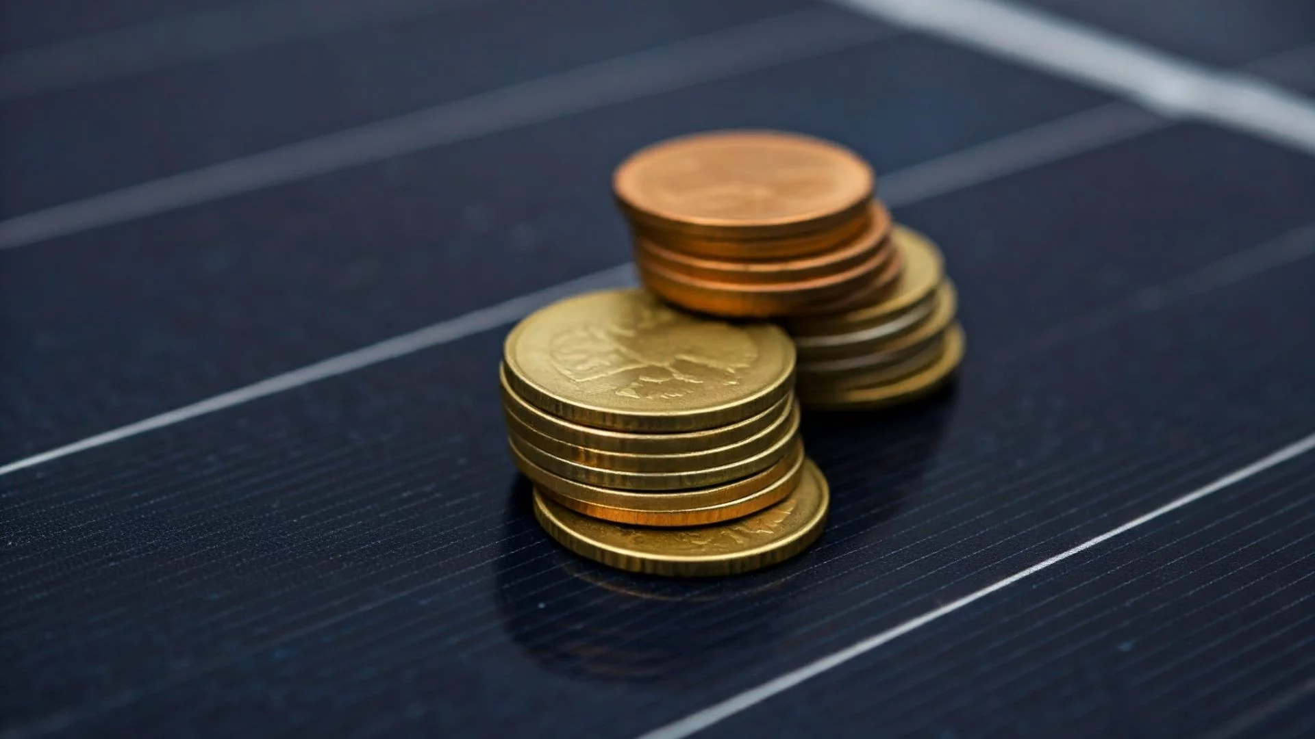 Gold coins placed on a solar panel, illustrating the pursuit of financial goals through solar energy investments.