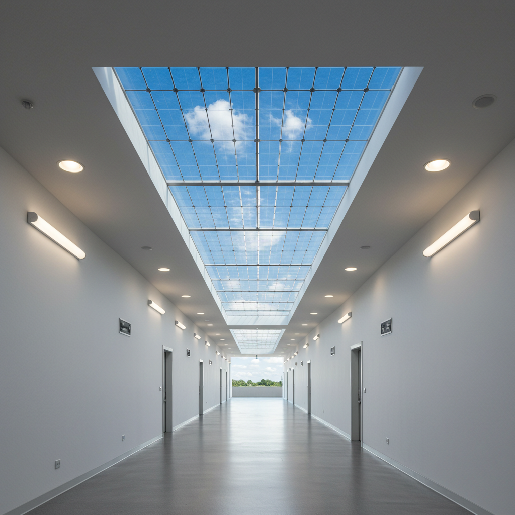 A long hallway featuring solar glass windows and skylights, illuminated by natural light and a clear blue sky above.