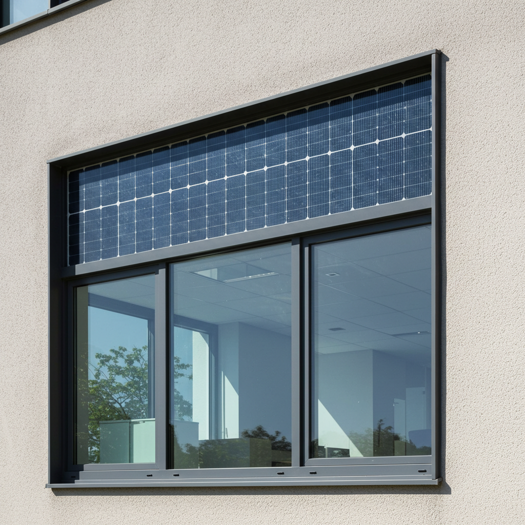 A window equipped with a solar panel, showcasing innovative technology for harnessing solar energy in commercial spaces.