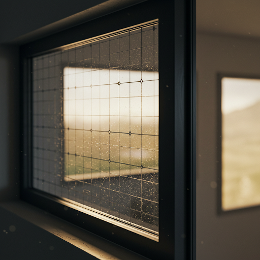 A solar panel window framing a beautiful landscape of a field in the background.