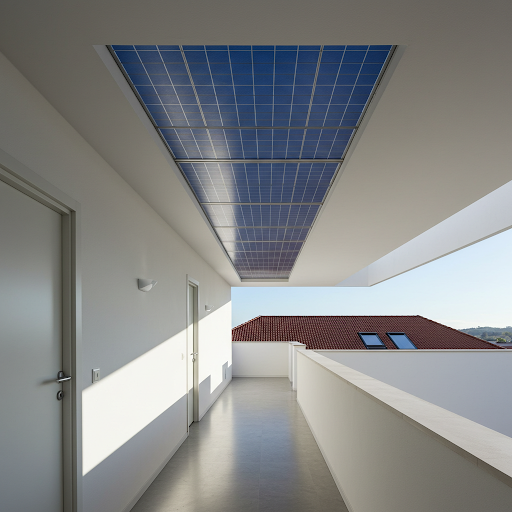An extended hallway showcasing a solar panel overhead, with bright light entering through solar windows along the sides.