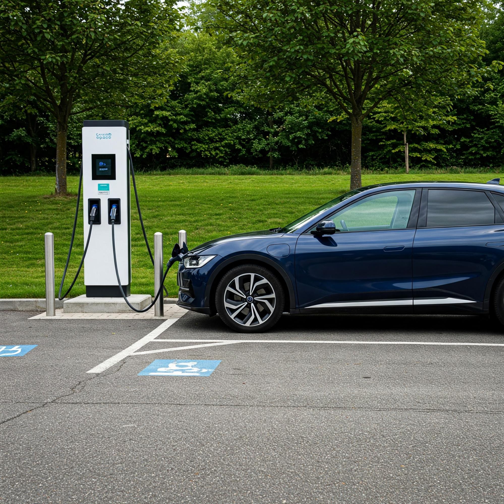 An electric vehicle plugged into an EV charging station showcasing sustainable transportation options.