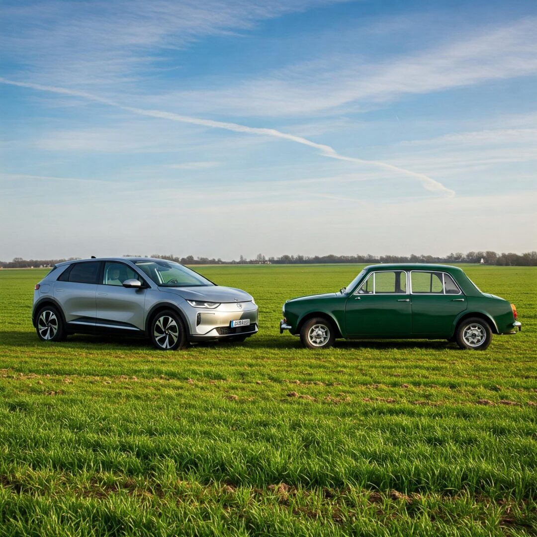 Two cars, an electric vehicle, and a petrol car, parked in a field under a clear blue sky.