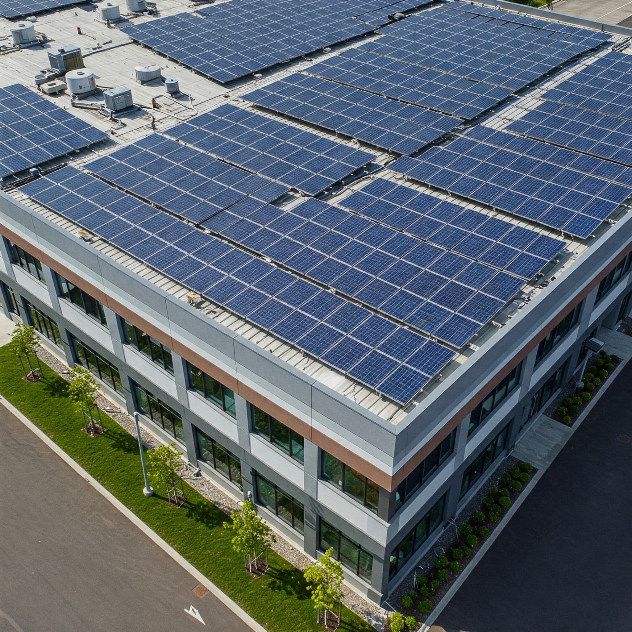 Aerial view of a large building featuring solar panels installed on the roof, highlighting sustainable energy use in new builds.