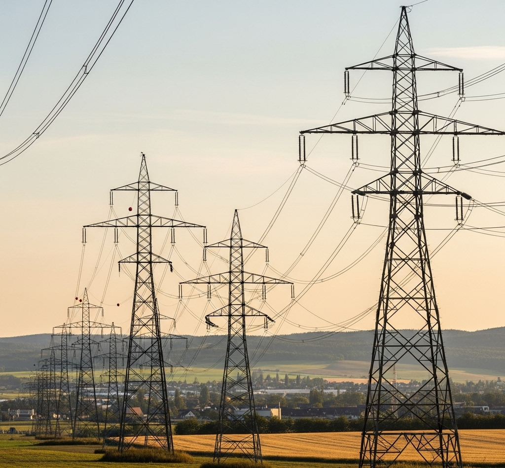 High-voltage electricity transmission towers and power lines stretching across a rural landscape at sunset, with fields in the foreground and a small town and hills in the background.
