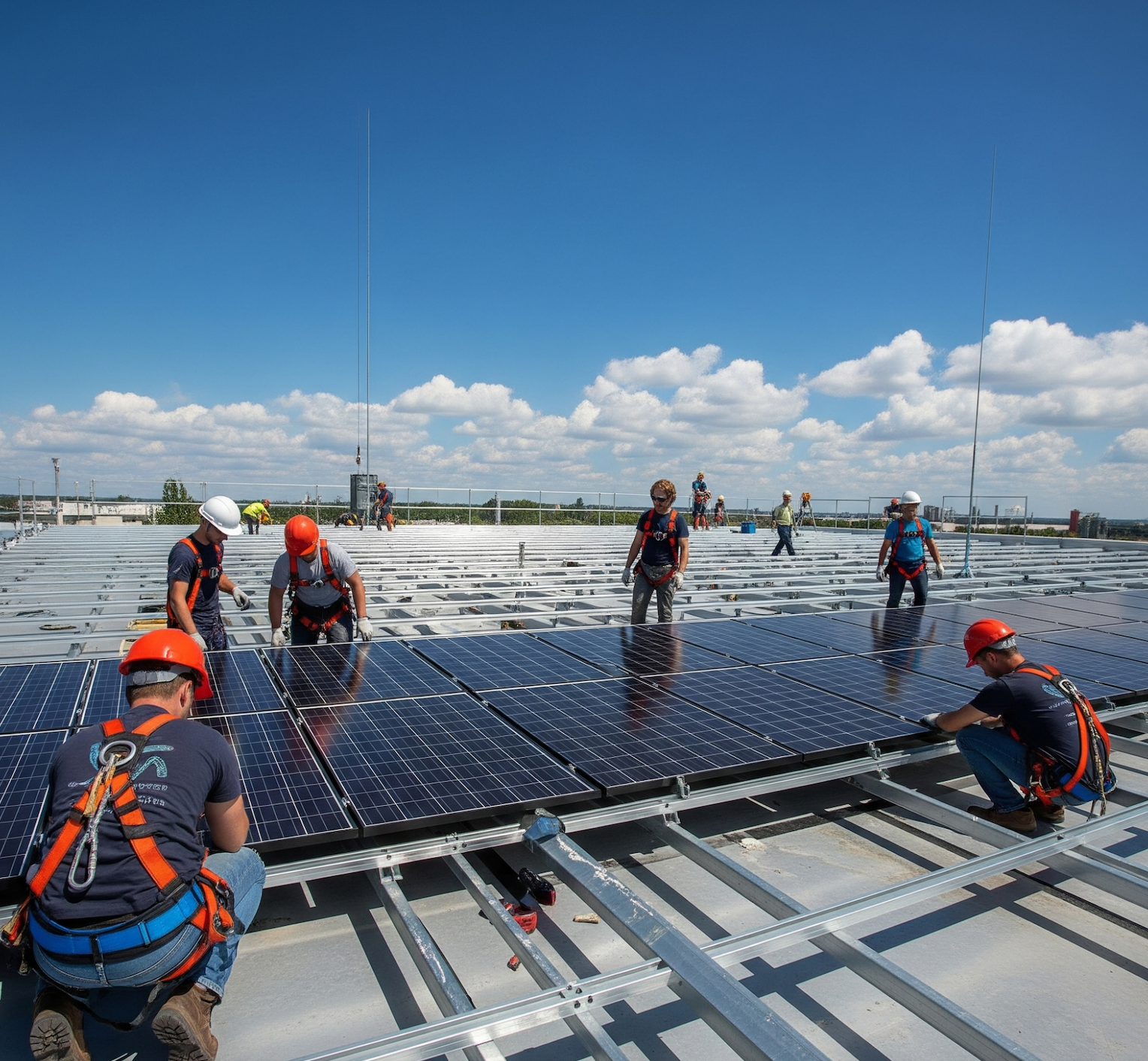 Team of engineers installing solar panels on a rooftop, demonstrating hands-on deployment of renewable technologies.