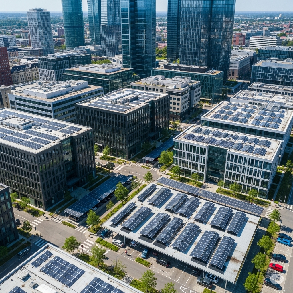 Modern business district with rooftop and carport solar installations, highlighting commercial adoption of renewables and renewable technologies.
