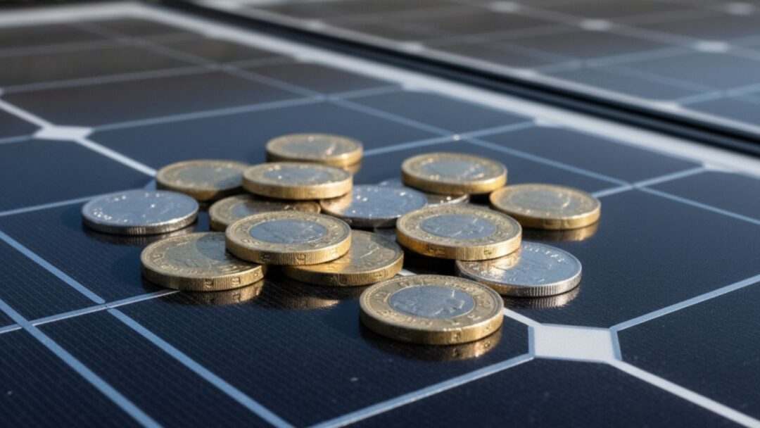 Pound coins stacked on solar panel surface, symbolising energy cost savings for hotels