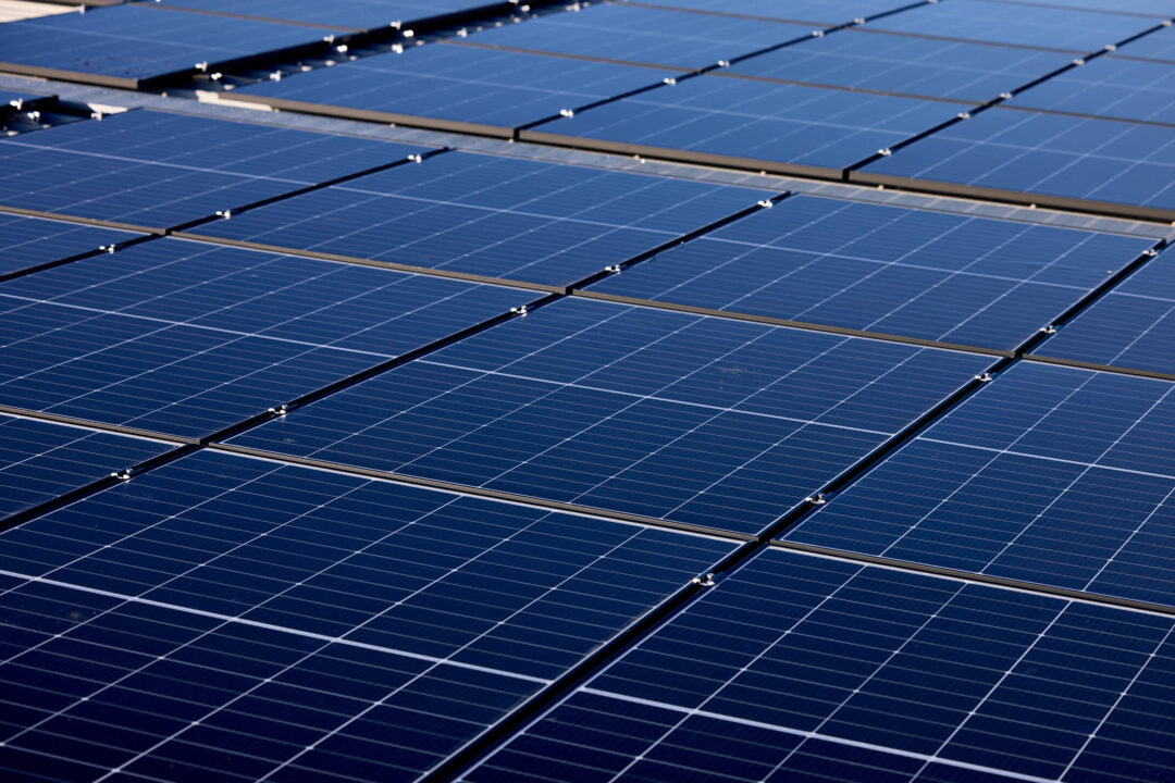Close-up view of multiple rows of commercial solar panels installed across a large rooftop.