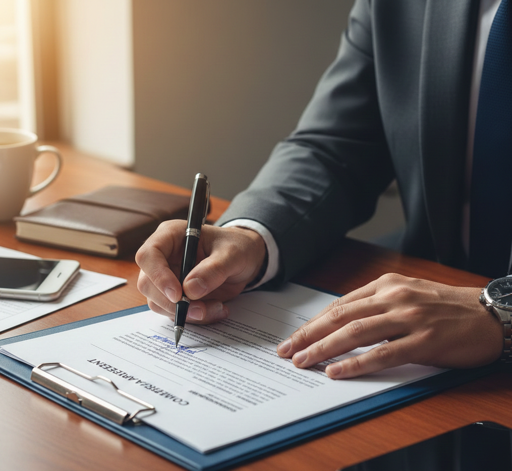 Businessperson signing a contract document on a desk with a notebook, smartphone, and coffee cup nearby.