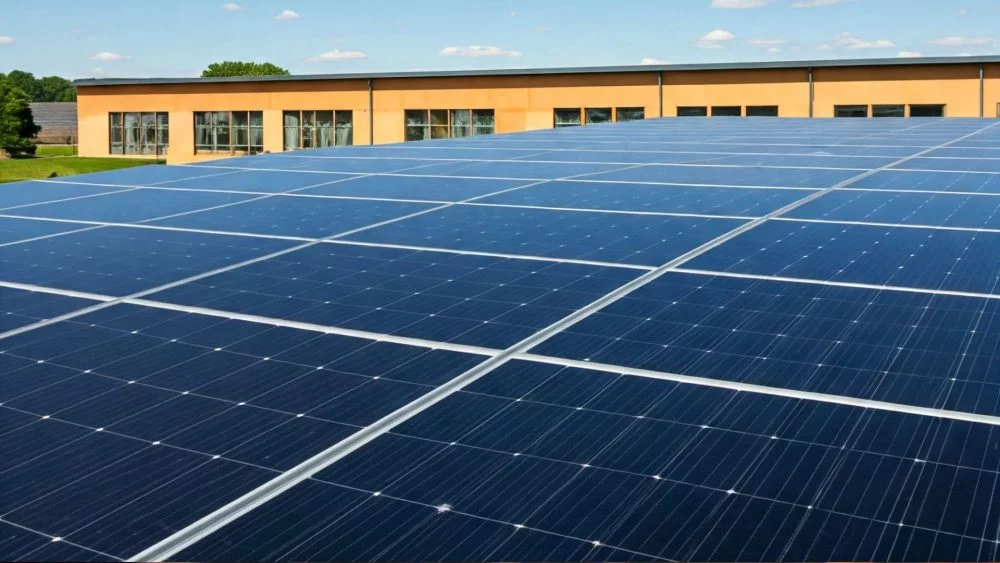 Large rooftop solar panel installation on a commercial building under clear blue skies in services.