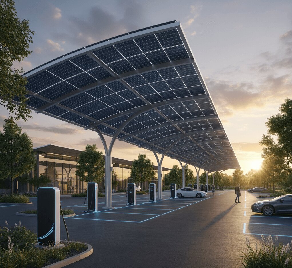 A large commercial solar carport, curving canopy with integrated solar panels provides shade and power to several EV charging stations in a carpark.