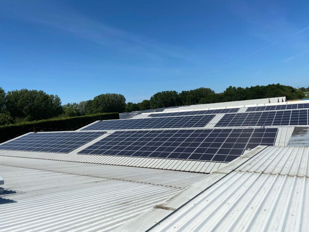 Large rooftop solar PV array installed on a metal industrial building, surrounded by trees and greenery under a clear blue sky.