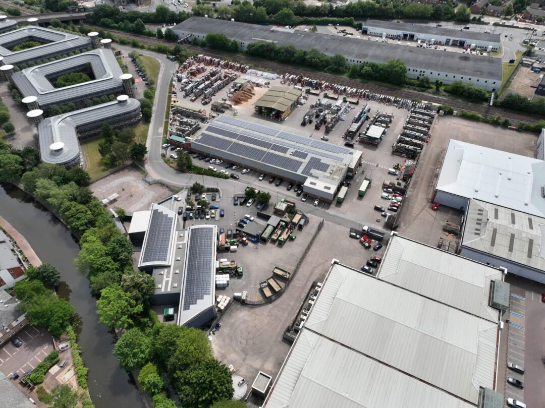 Roof-mounted solar panels at a building merchant