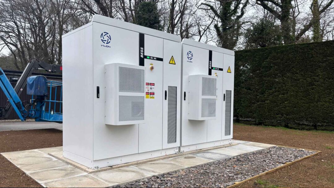 Outdoor installation of a commercial Battery Energy Storage System (BESS) by VILION, used for storing renewable energy and enhancing grid resilience in Paultons Park.