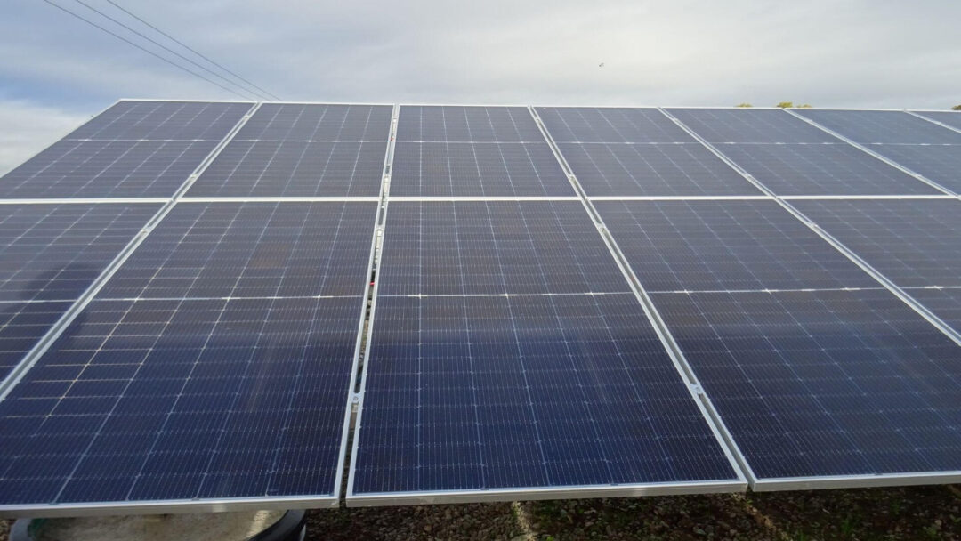 Solar panels mounted on the ground in an open field