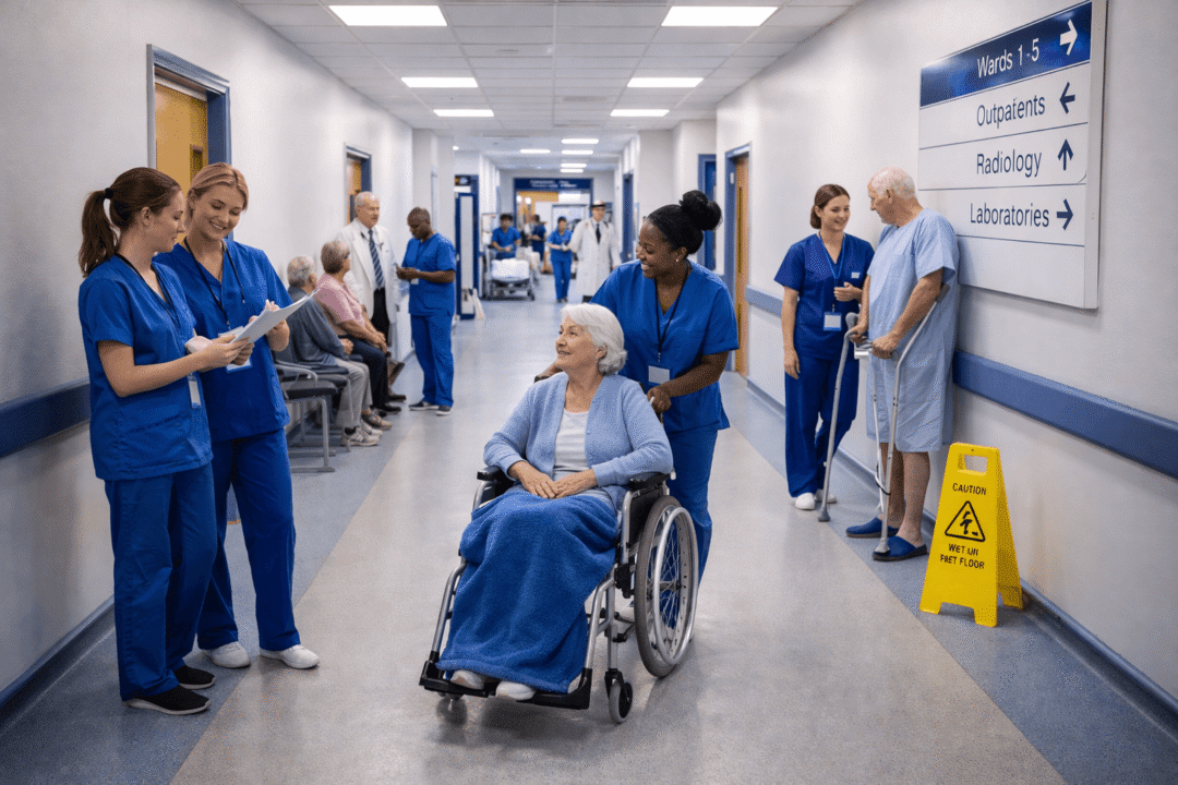 UK hospital corridor with nurses, patients, and medical staff during daytime.
