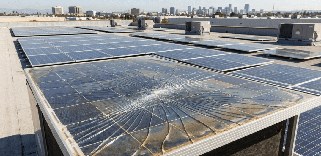 A close-up photograph of a damaged solar panel with a large, spiderweb crack across its glass surface.