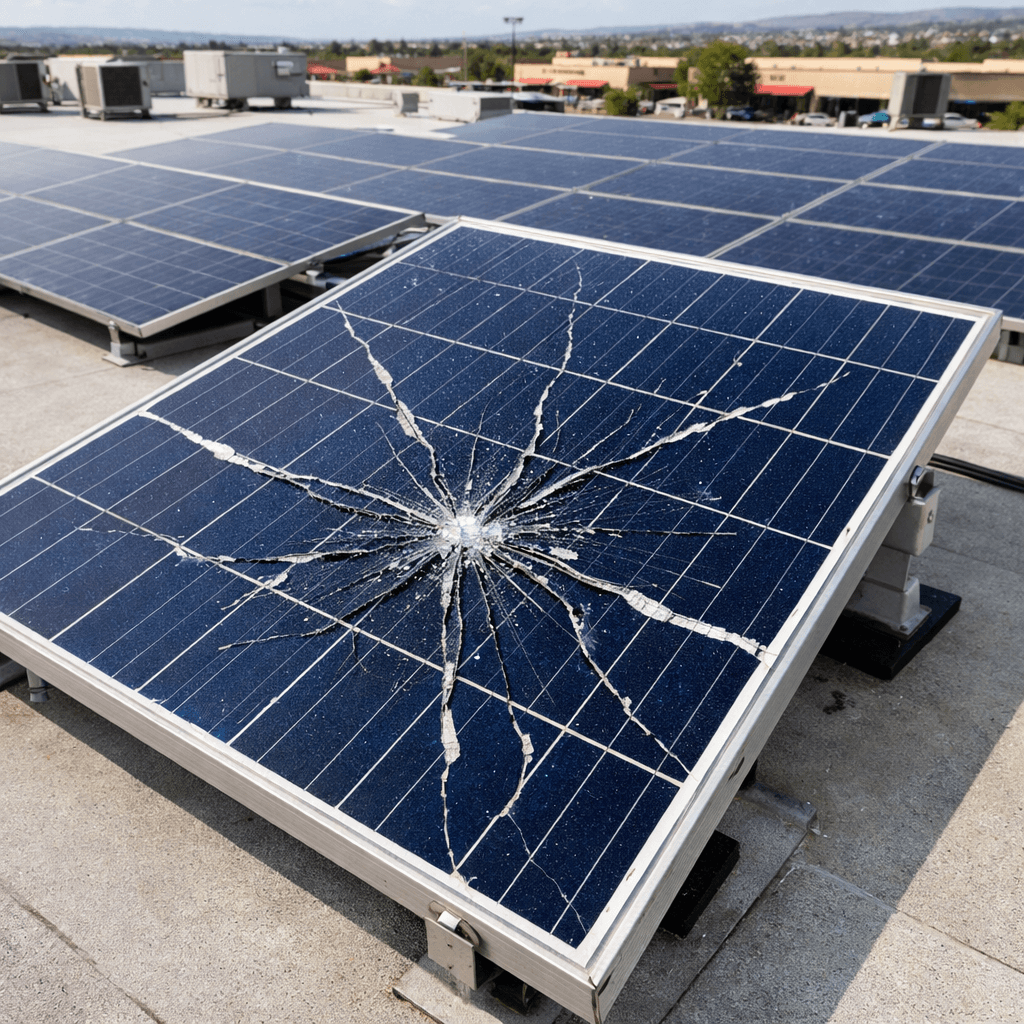 Damaged solar panel installed on a commercial rooftop