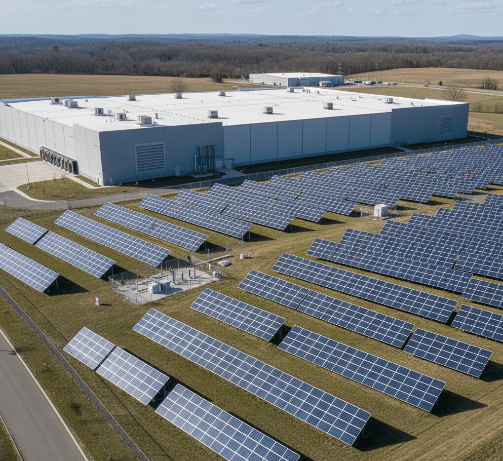 Ground-mounted solar panels installed near a data centre