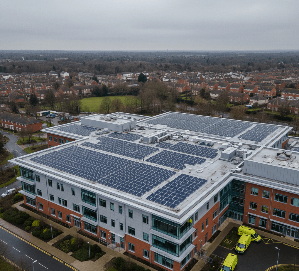 Aerial view of a modern UK hospital with rooftop solar panels and several ambulances parked outside, surrounded by residential housing and greenery under a cloudy sky.
