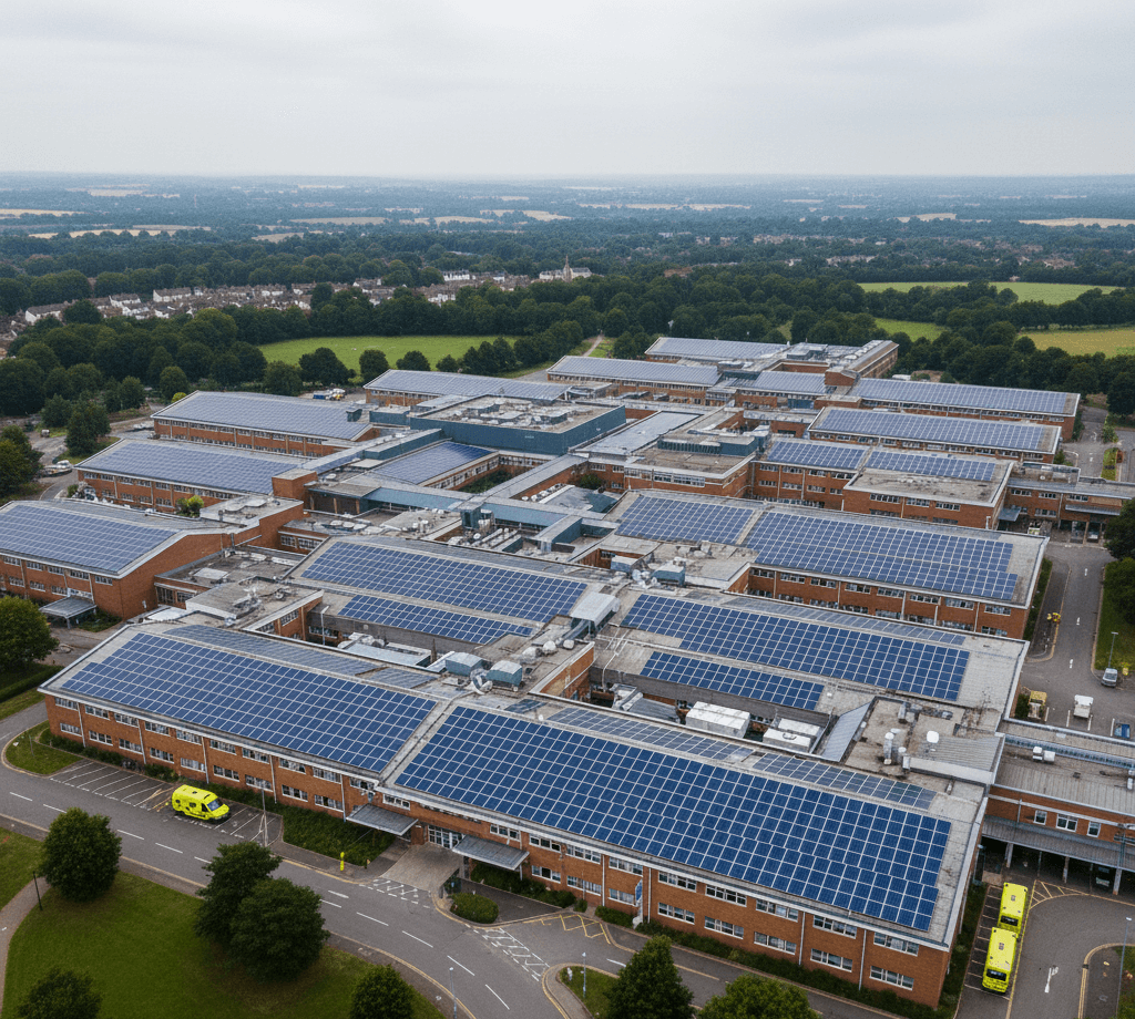 Aerial view of a UK hospital building with solar panels installed on the roof.