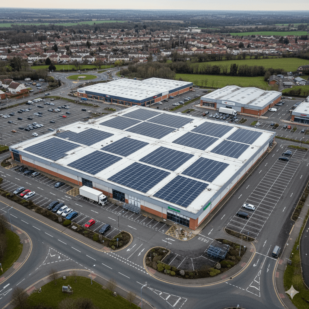 Aerial view of a large retail store in the UK with a white flat roof fully covered in solar panels, surrounded by a spacious car park and additional retail units.