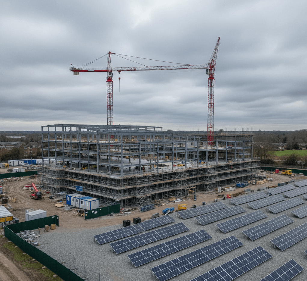 Ground-mounted solar PV installation beside a multi-storey building under construction with scaffolding and cranes on a cloudy day in the UK.