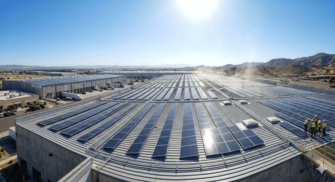 Warehouse rooftop solar panels reflecting sunlight during hot weather with workers nearby.