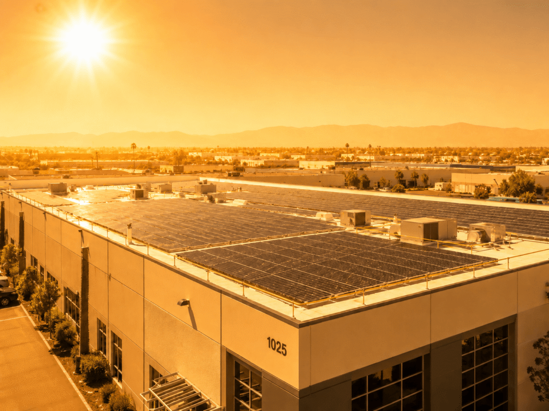 Commercial rooftop solar panels generate renewable electricity under intense summer heat, strengthening site energy resilience.