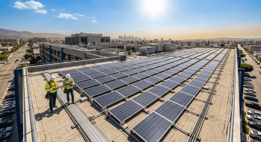 Solar panels on a commercial rooftop during summer, inspected by two renewable energy engineers.